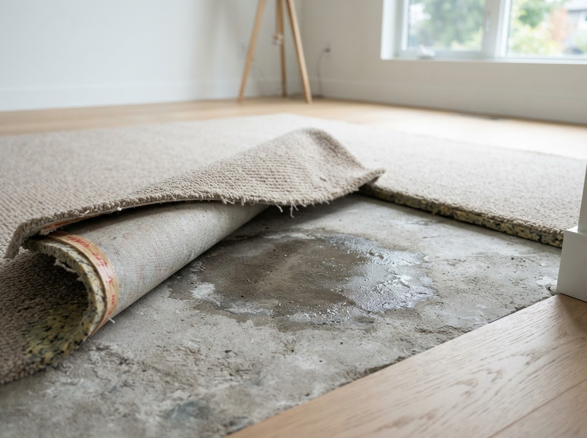 A damp darkened spot on a concrete slab where carpet has been pulled back