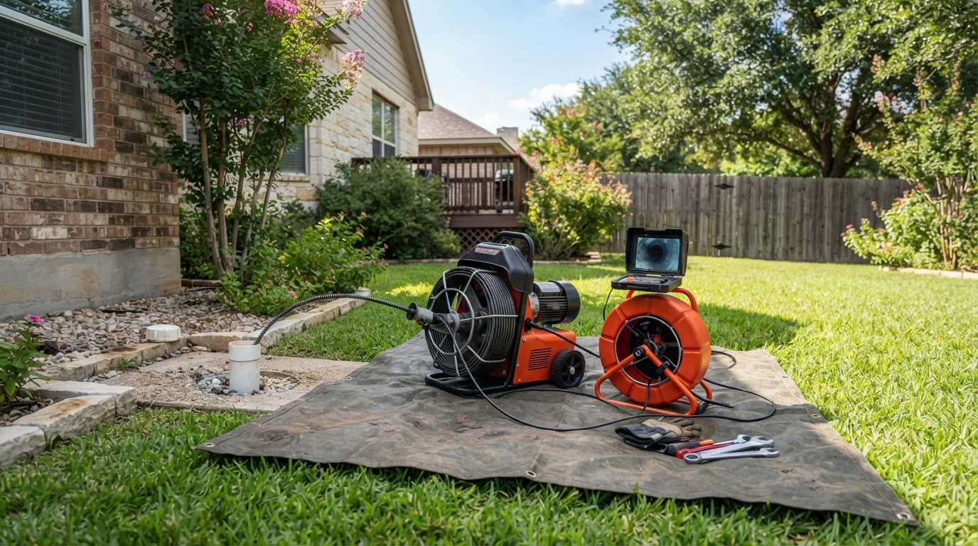 A professional motorized drain snake and camera reel staged cleanly on a tarp over the grass