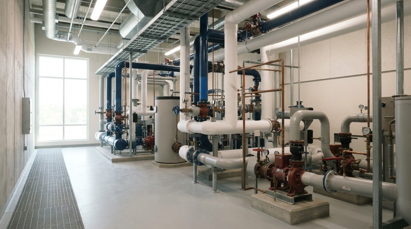 A clean modern commercial mechanical room with painted large-diameter plumbing lines and valves