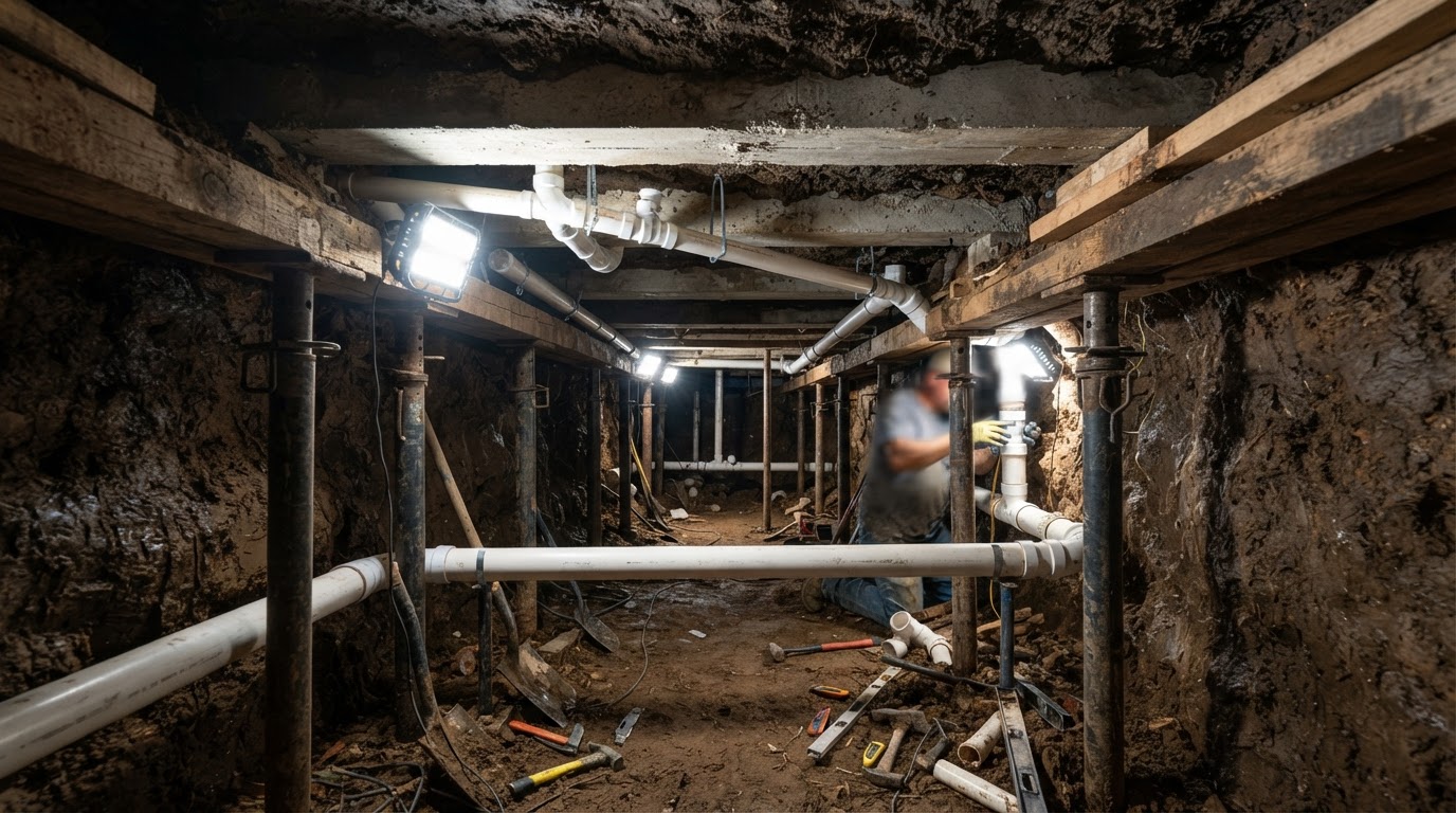 Inside a hand-dug tunnel beneath a home slab showing structural shoring posts and exposed plumbing drain lines