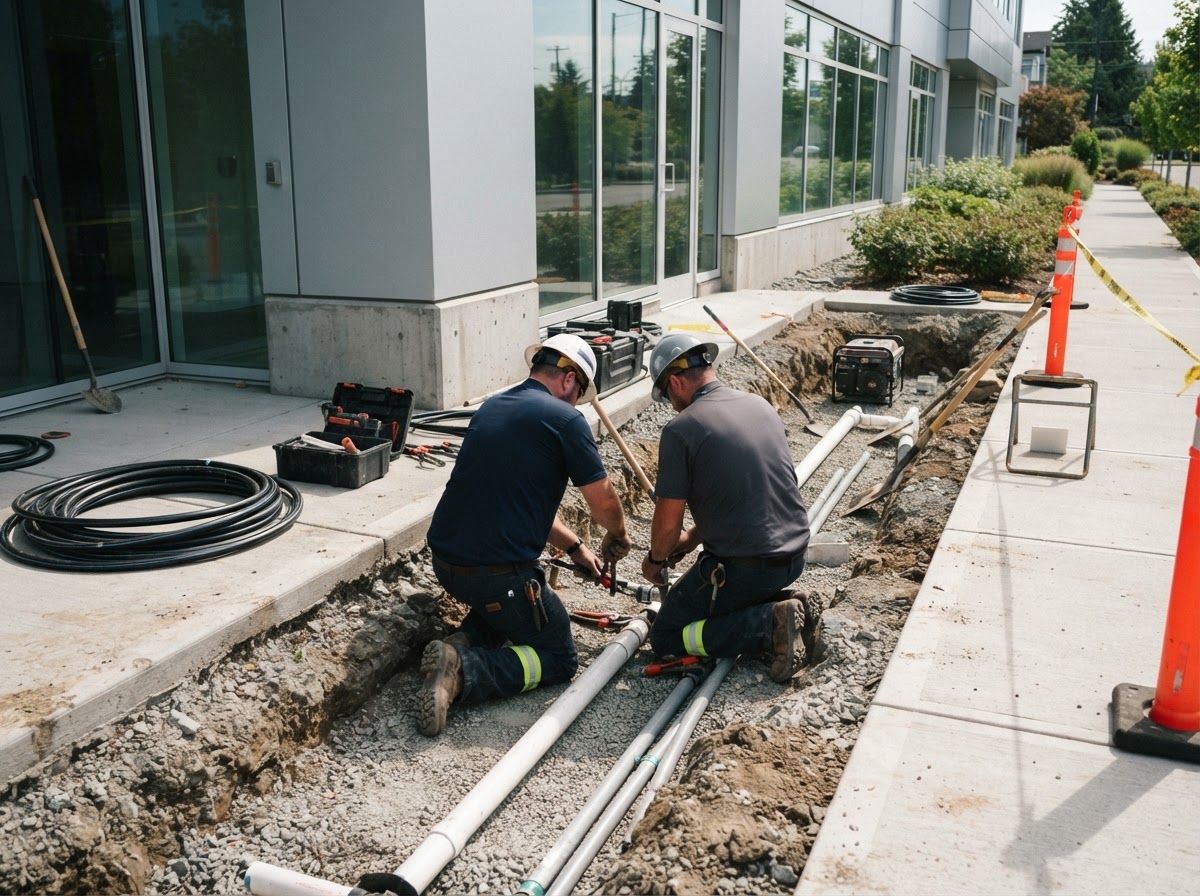 A utility trench beside a commercial building