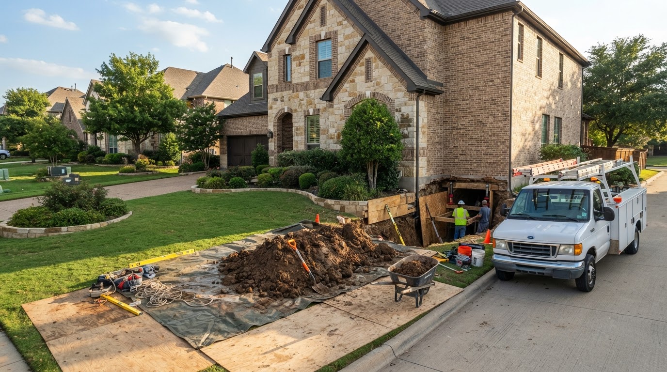 Exterior of a brick home with a tunnel entrance dug along the foundation