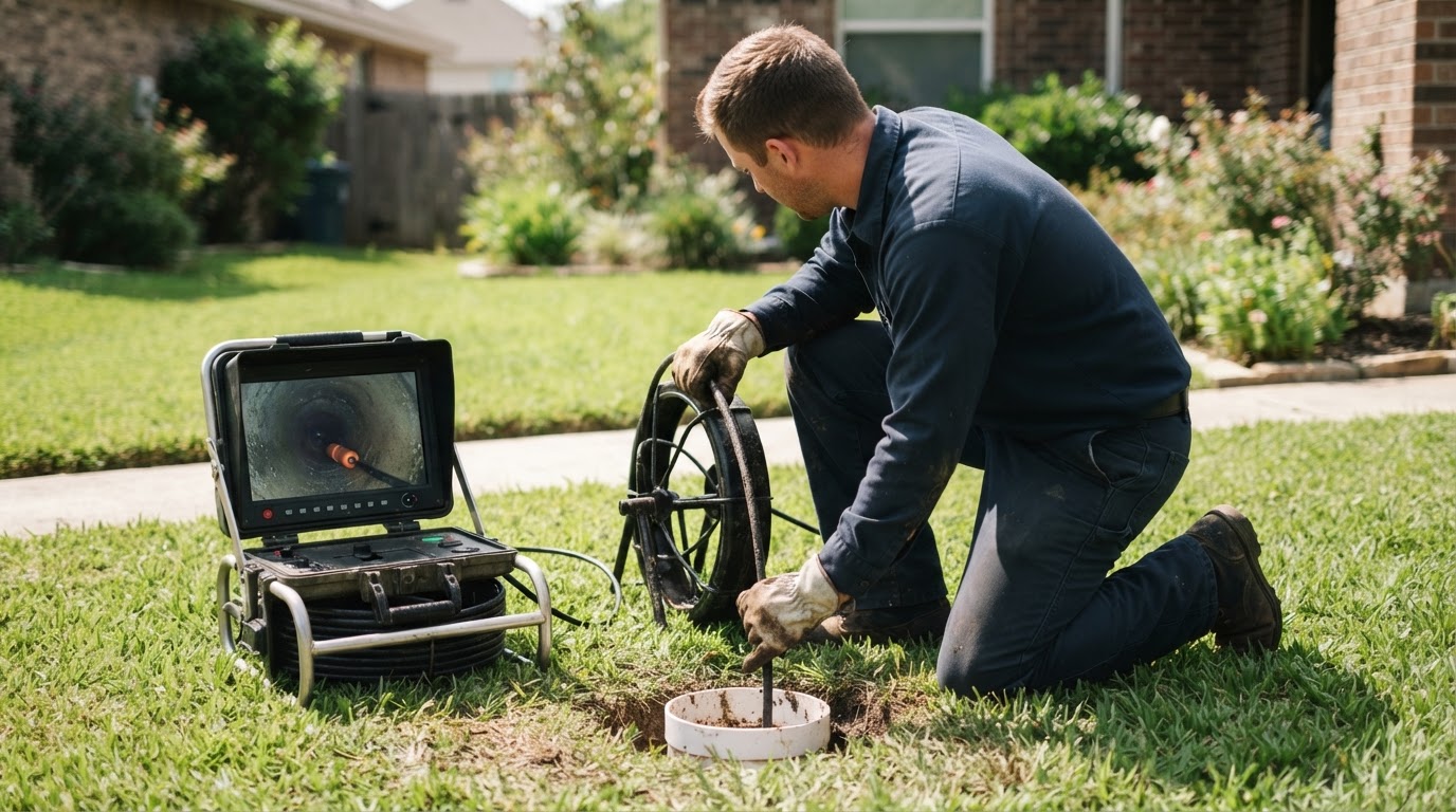 A plumber feeding a sewer camera cable into a yard cleanout with a monitor beside him