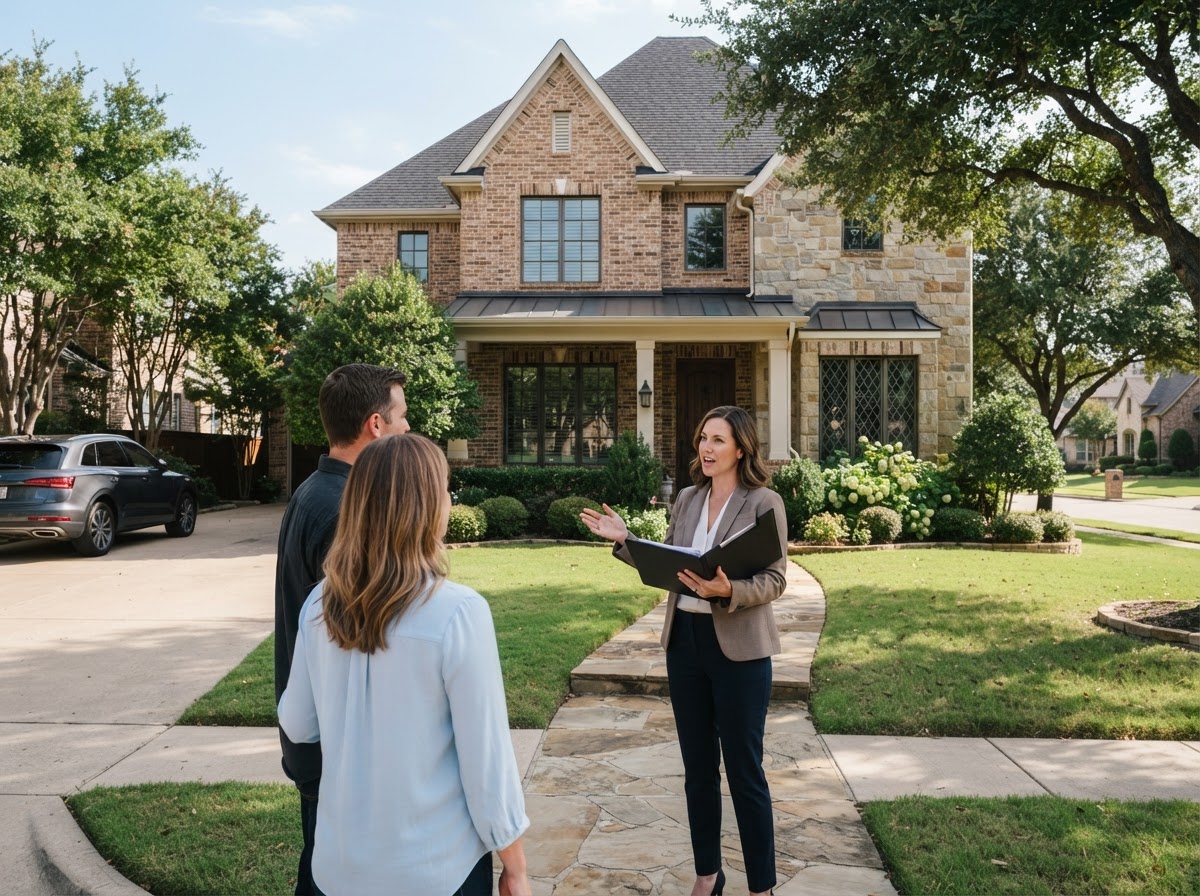 A person holding a clipboard in front of a home