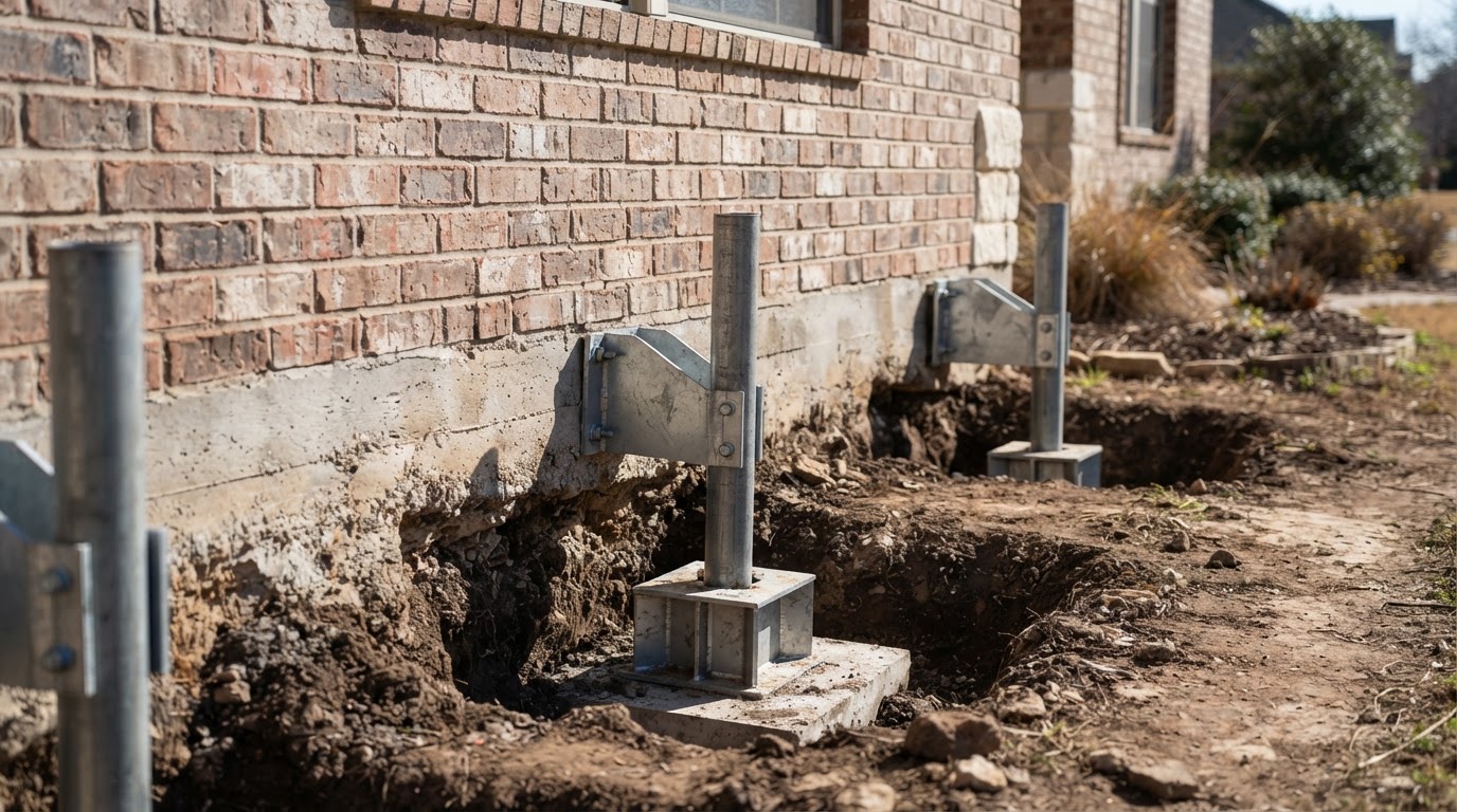 A close-up of foundation repair piers installed along the exterior foundation of a brick North Texas home
