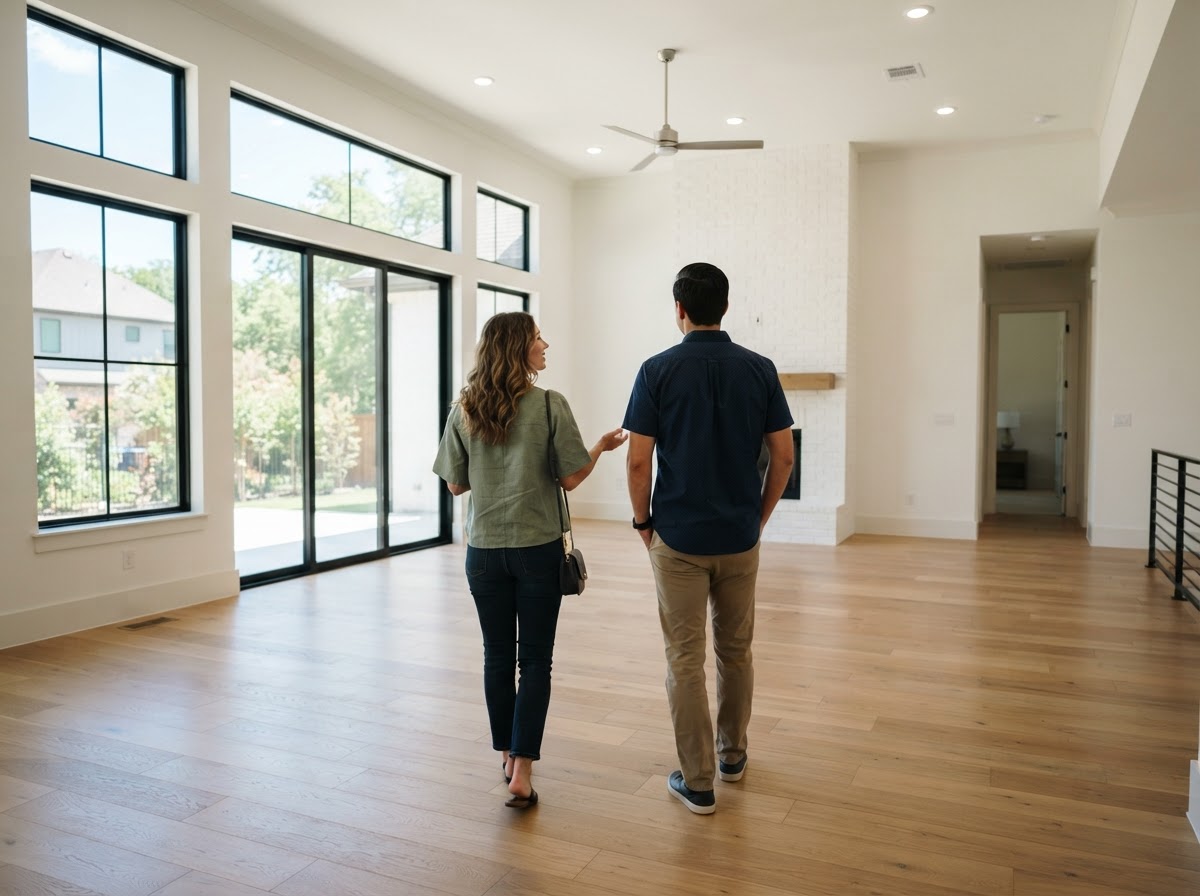 A couple standing in an empty living room