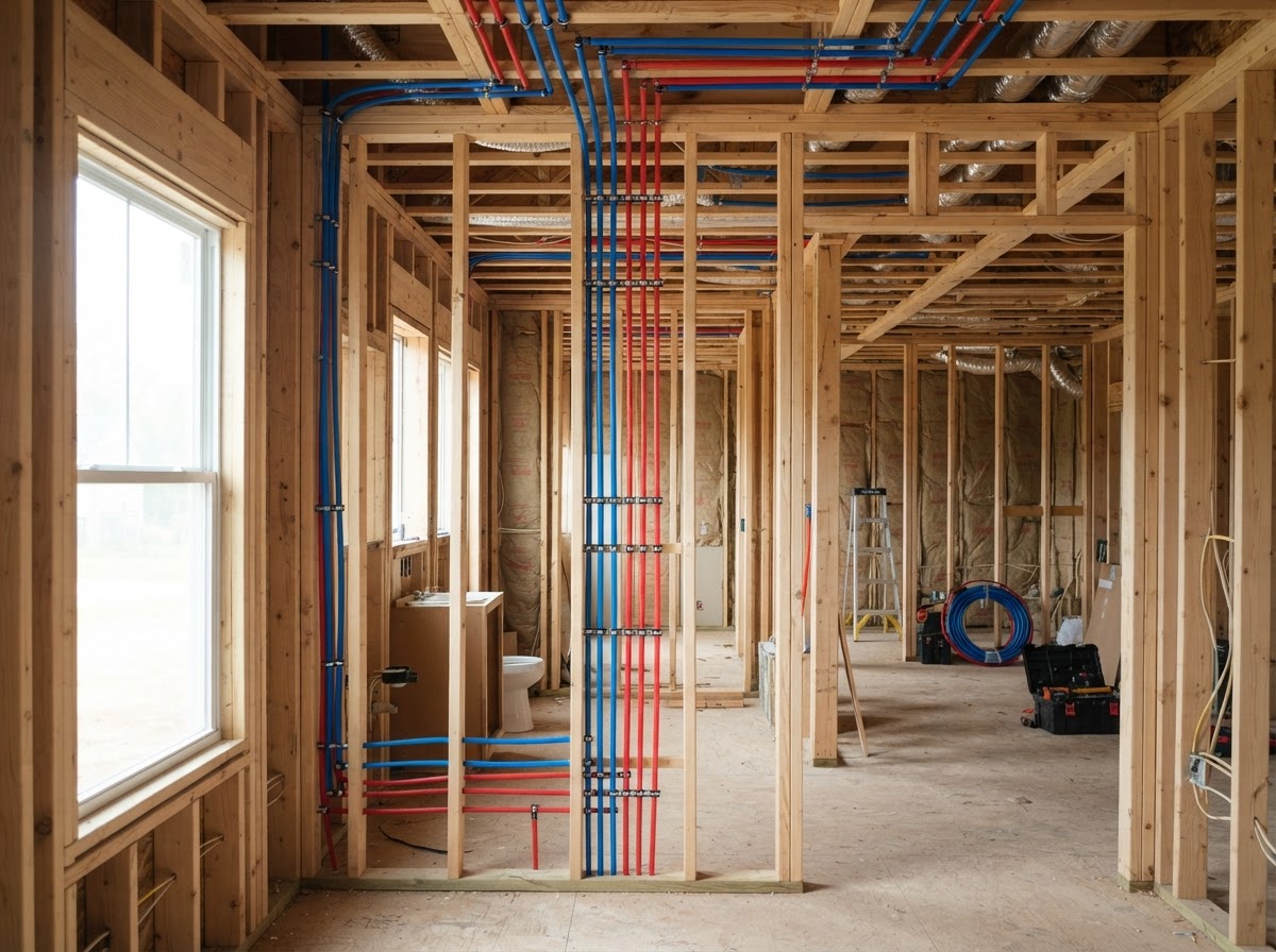 New PEX plumbing lines running through open wall framing in a home under renovation