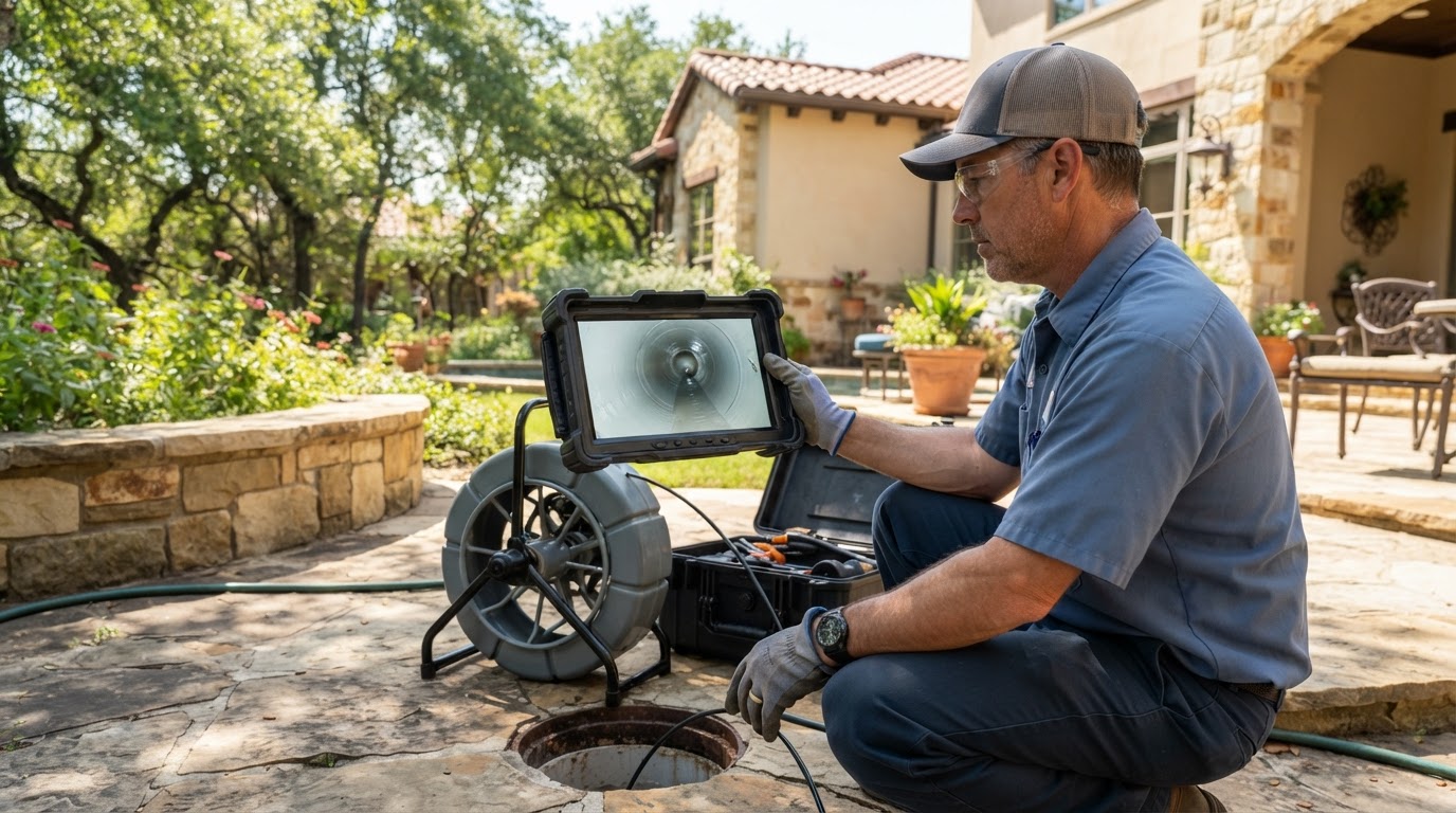 A professional sewer camera monitor showing high-resolution pipe interior diagnostics in a residential yard