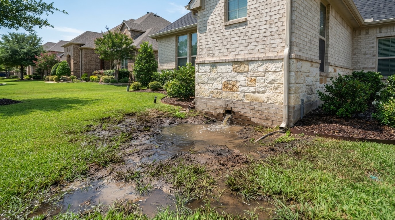 A wet soggy patch of lawn in the manicured yard of an upscale North Texas home near the foundation