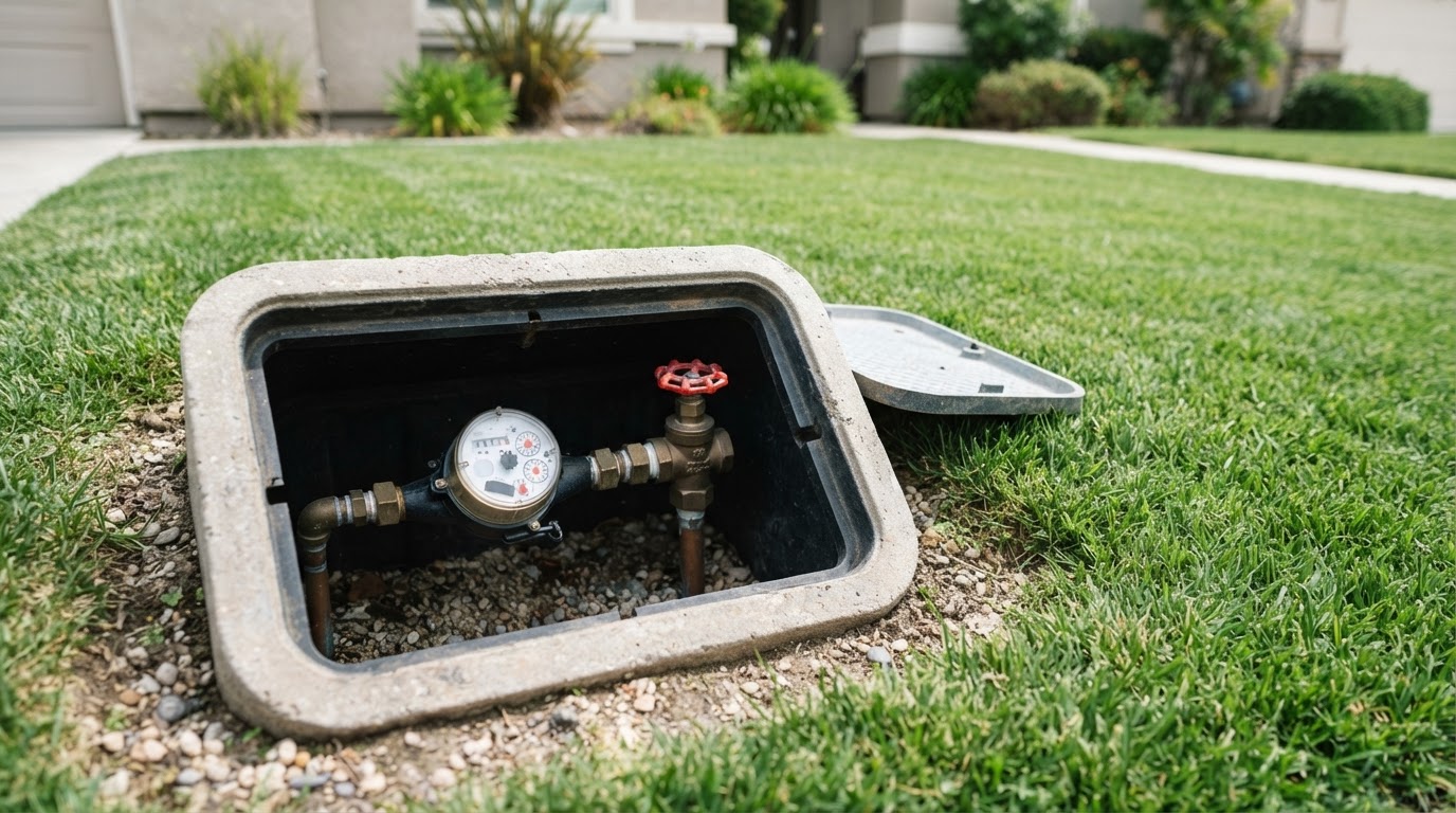 A water shutoff valve and meter inside a clean residential meter box beside a manicured lawn