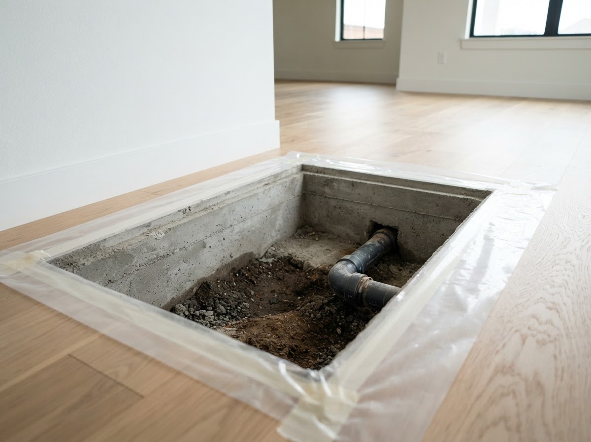 A neat rectangular opening cut in a concrete floor inside a home with plastic sheeting dust barrier