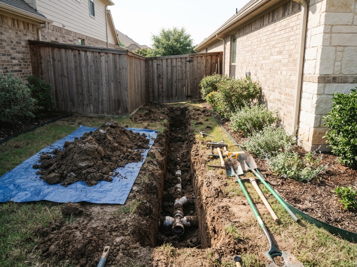 A neat sewer line excavation in the side yard of an upscale home with a cedar privacy fence