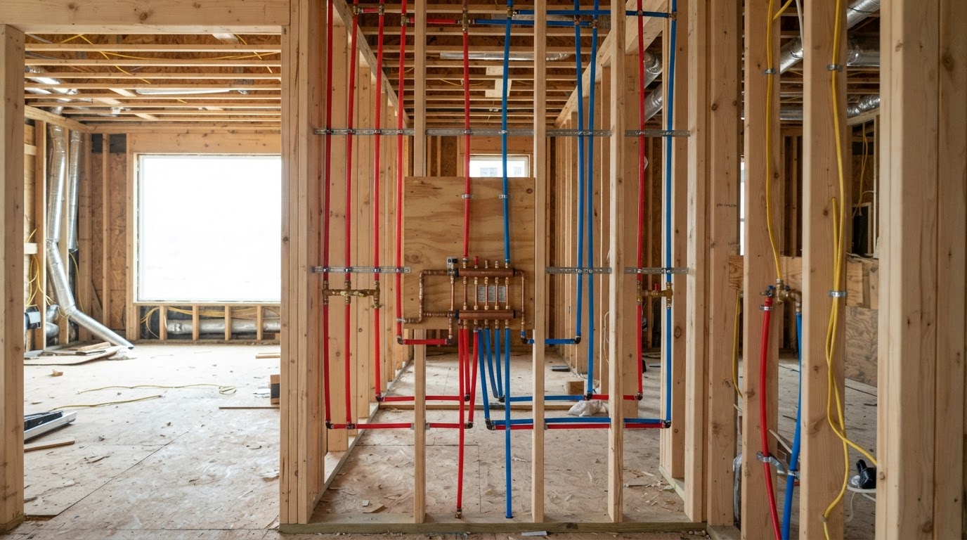New PEX plumbing lines running through open wall framing in a large home under renovation