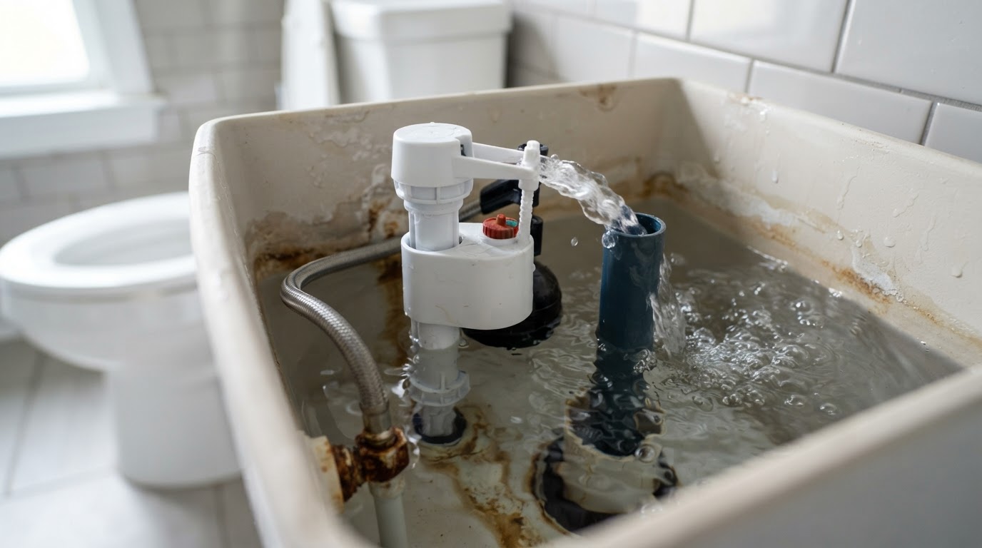 A close-up of a running toilet fill valve in a clean modern bathroom