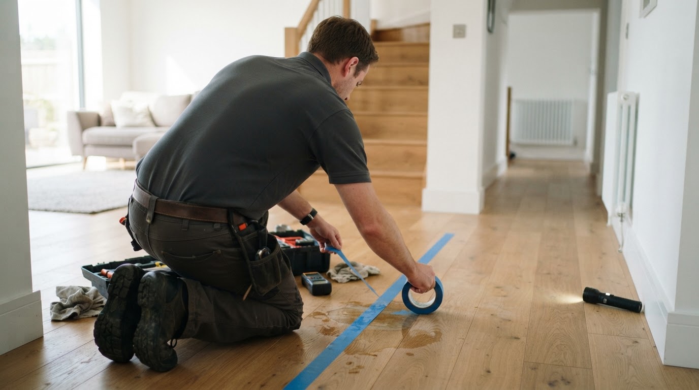 A plumber marking a spot on a floor with tape after locating a leak in a bright modern home