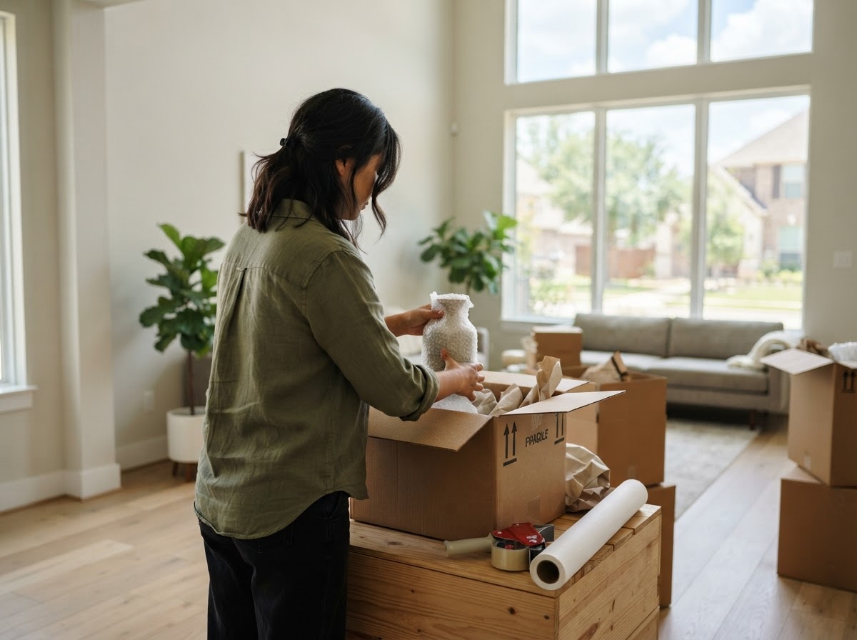 A homeowner packing boxes in a home