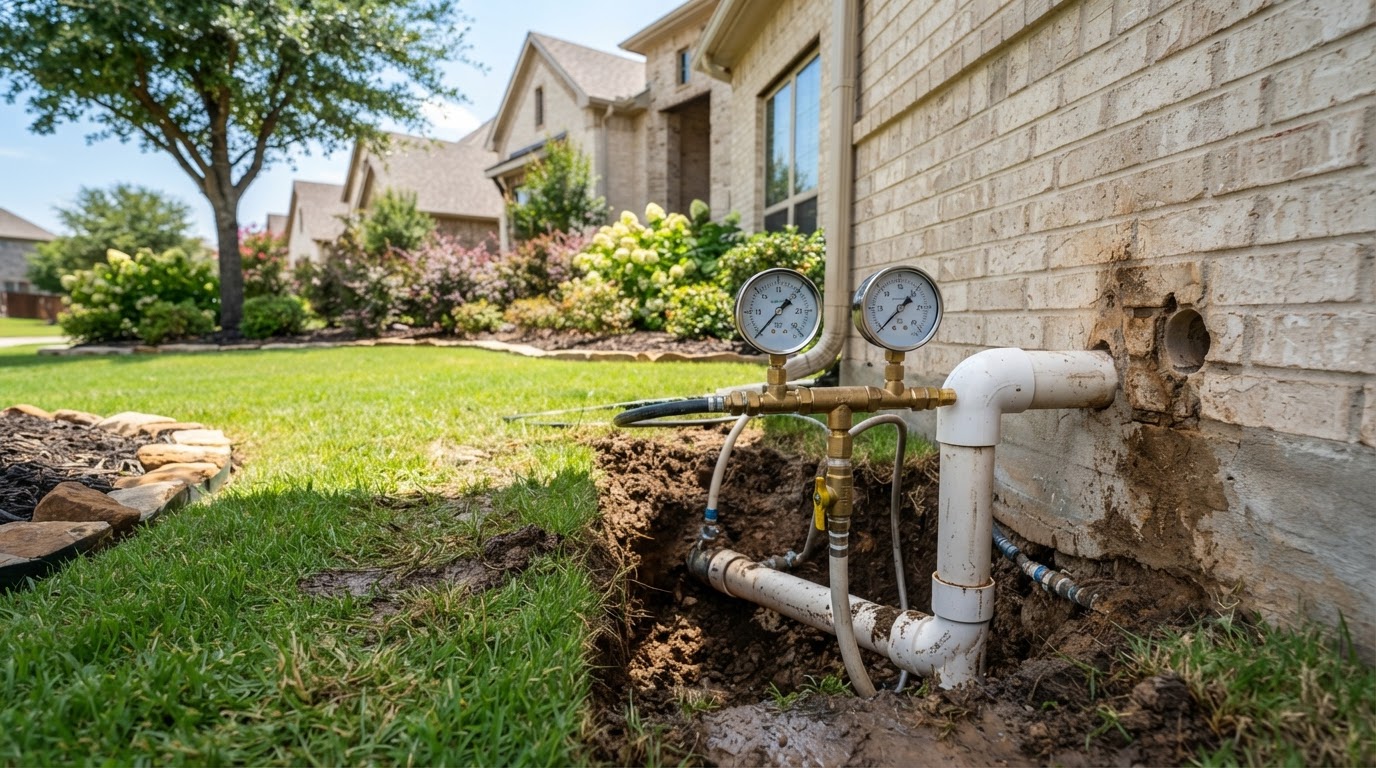 A plumbing cleanout fitting in the lawn of an upscale Texas home with diagnostic pressure testing equipment attached