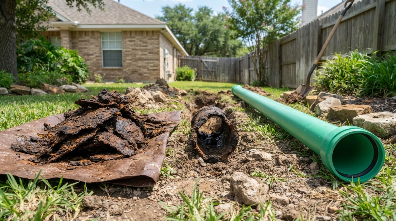 Old cast iron pipe scale cleaned out beside new clean SDR-35 PVC pipe in a suburban Texas backyard