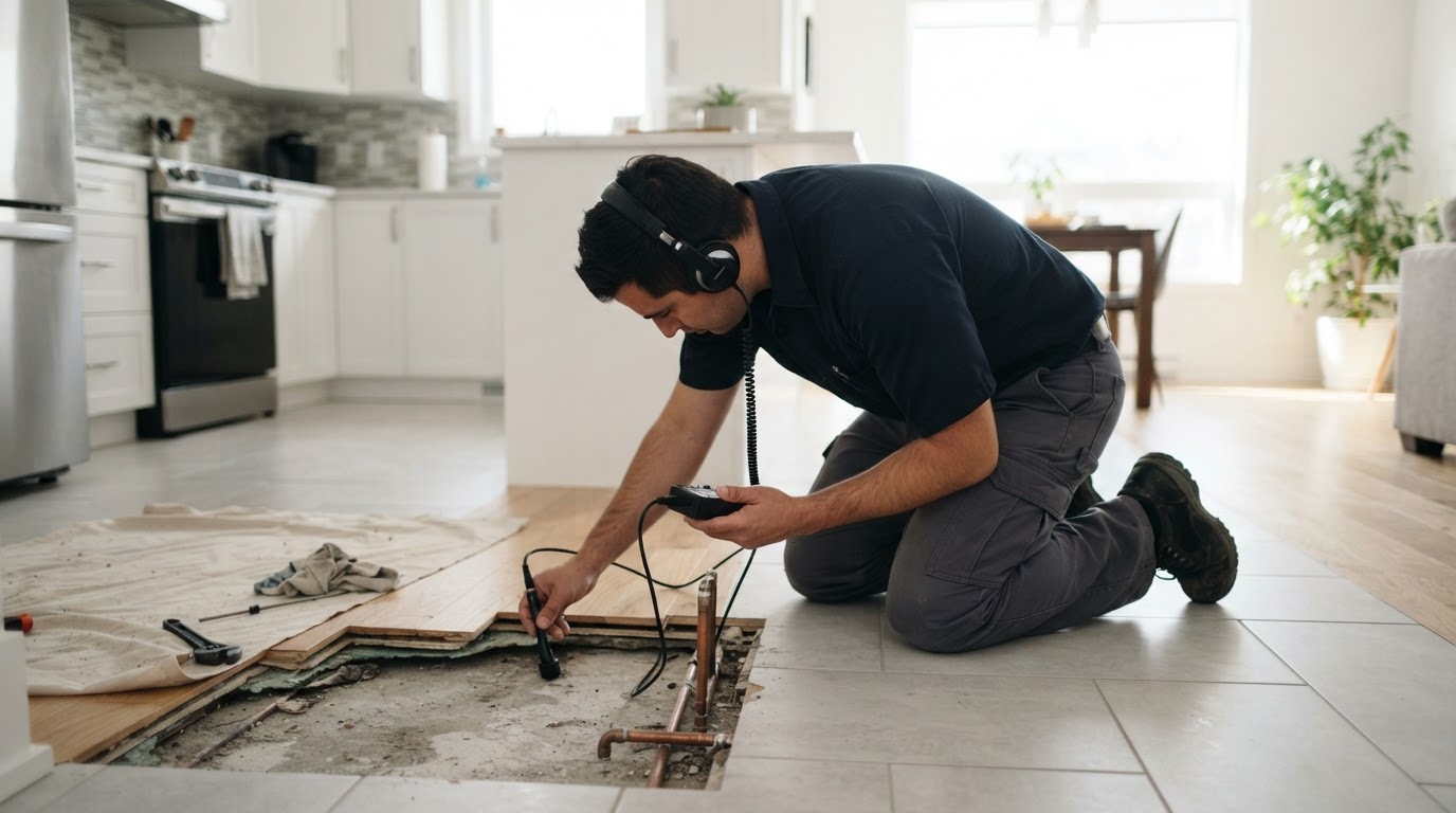 A plumber kneeling on a tile floor with a listening device in a bright modern home, flooring pulled back in one spot