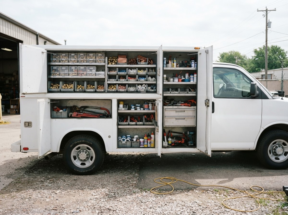 Open side compartments of a white cutaway service truck stocked with organized plumbing parts