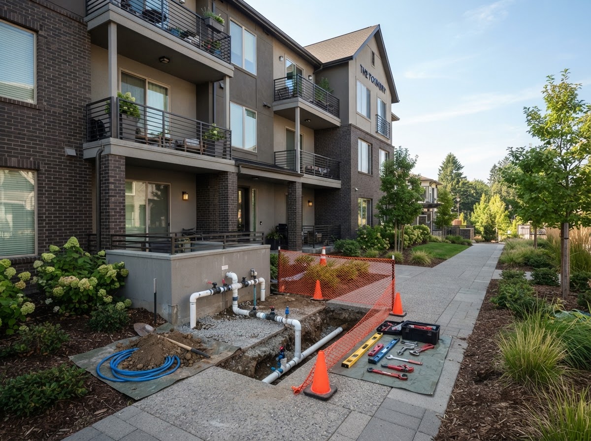 A modern three-story apartment community with a small neat excavation along a walkway