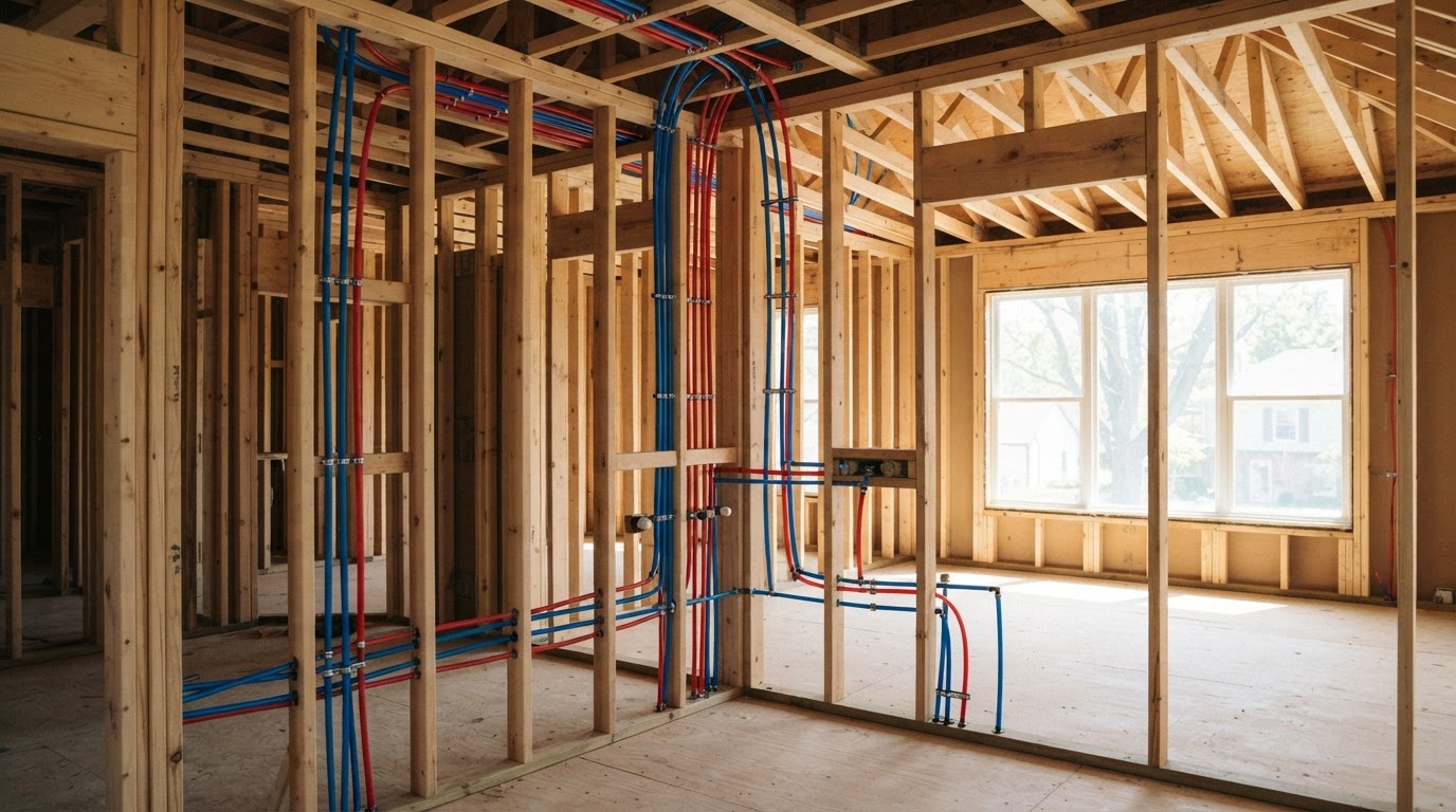 New PEX plumbing lines running through open wall framing in a home under renovation