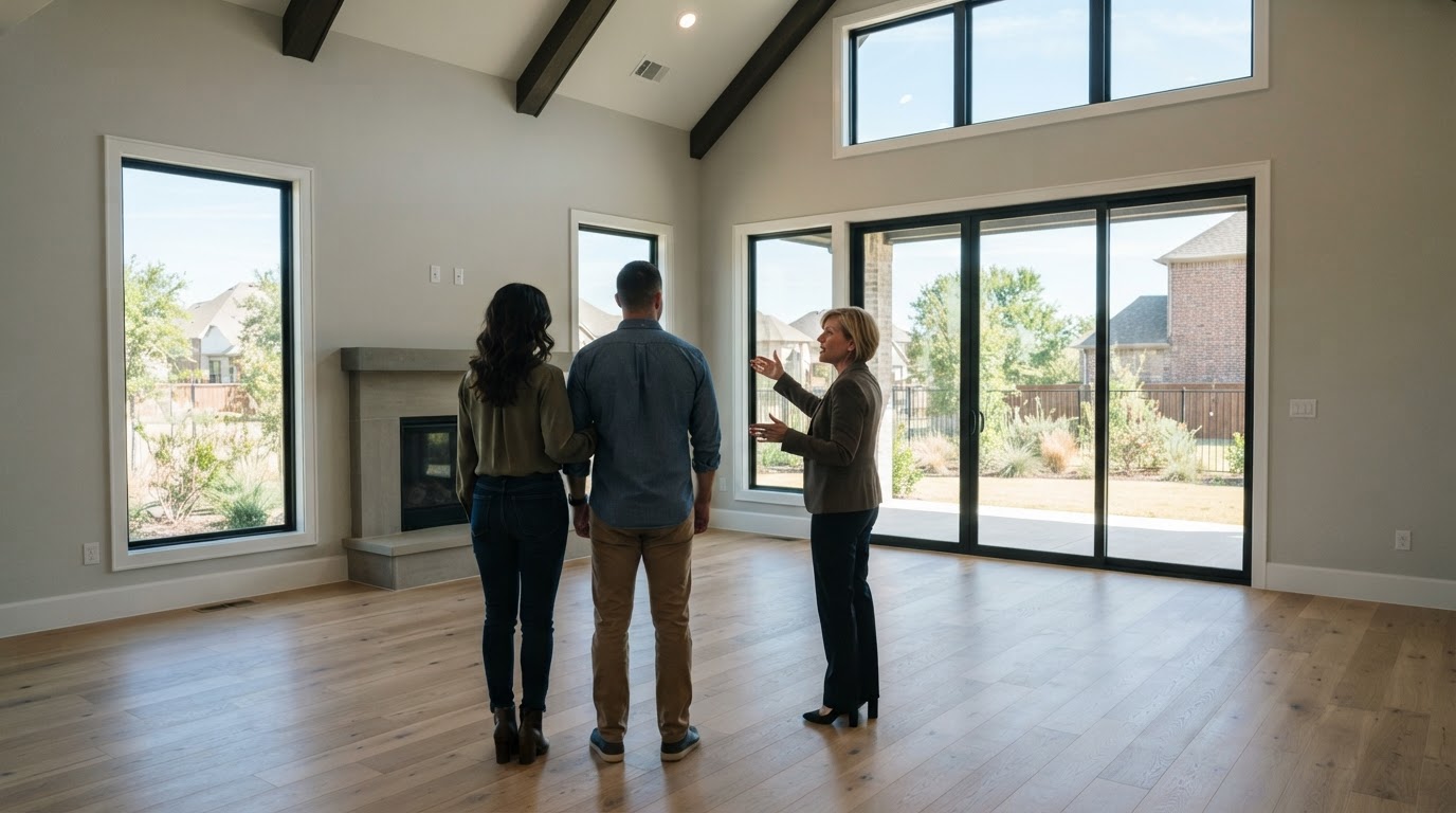 A couple standing with a realtor in a bright empty modern living room, seen from behind