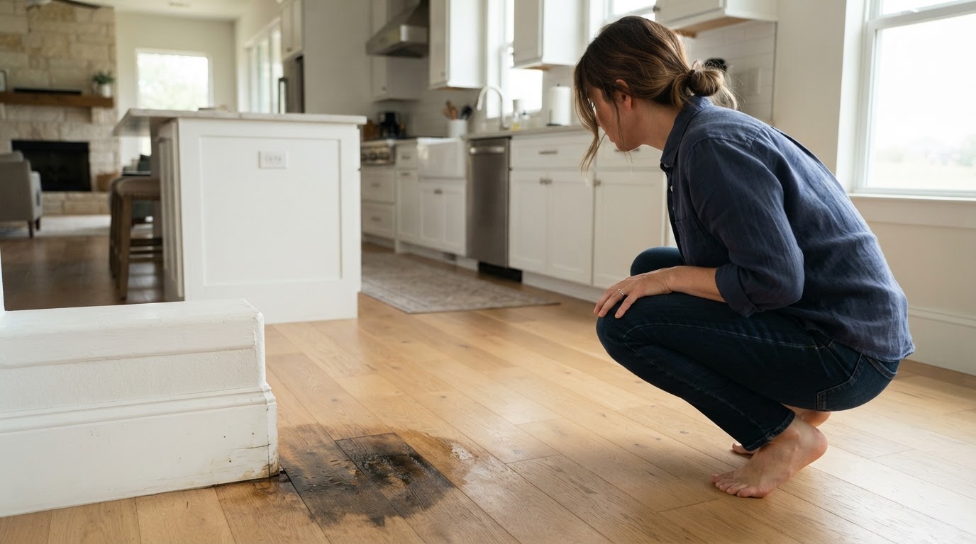A homeowner looking at a water spot on a hardwood floor in a bright modern kitchen