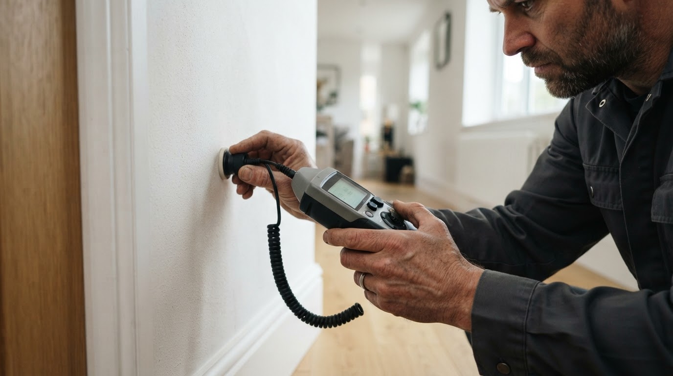 A plumber's hands holding a handheld acoustic listening device against an interior wall in a bright home