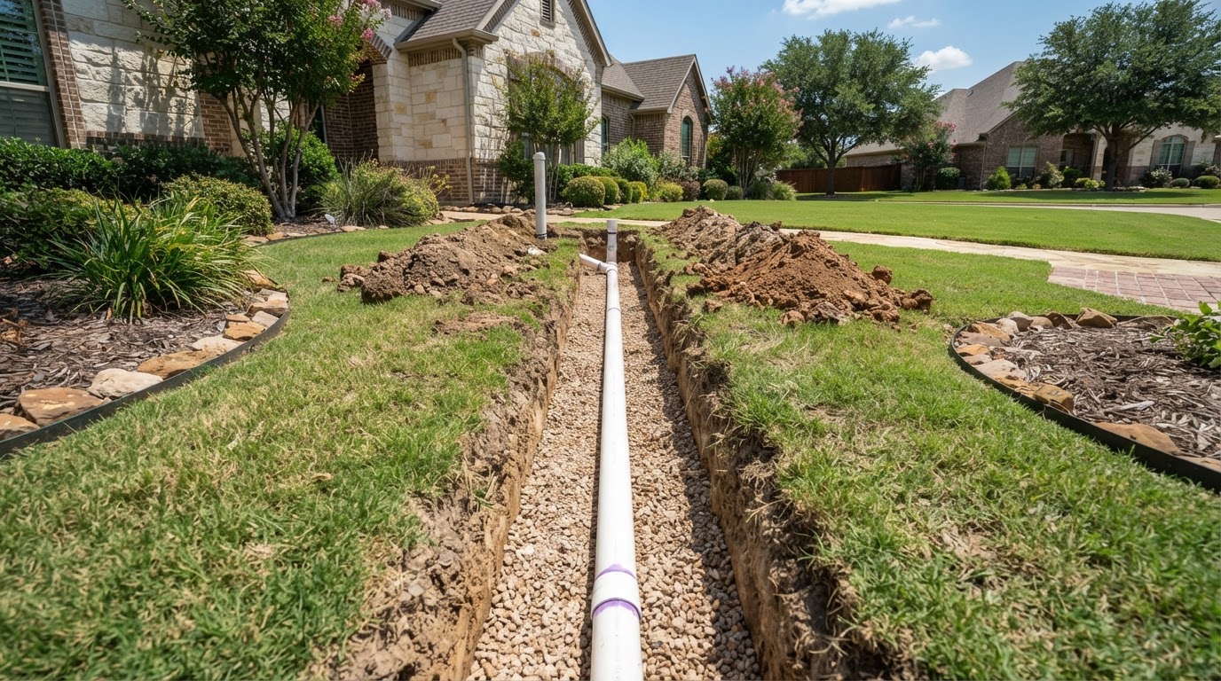 A new white PVC sewer line installed in a clean neat trench in the yard of an upscale North Texas home