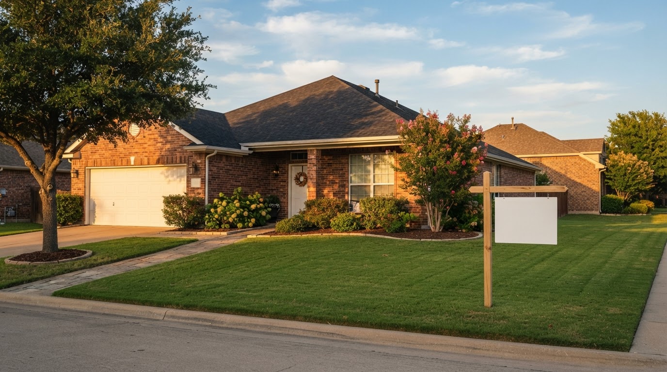 A single-story brick ranch home at golden hour with a blank for-sale sign