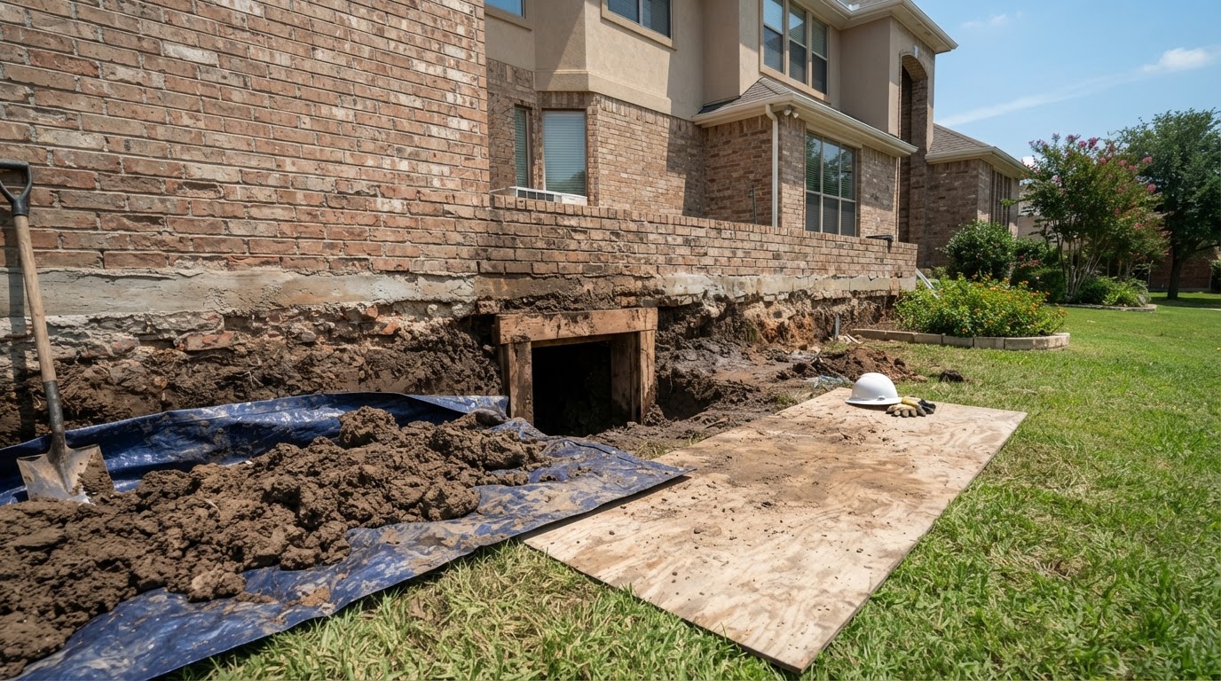 A neat tunnel entrance dug along the foundation of a large brick home