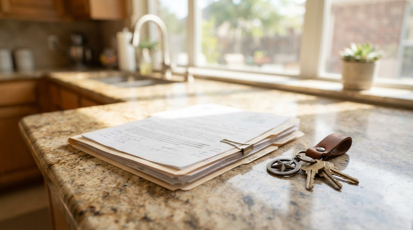 An option period document folder on a granite kitchen counter inside a sunlit Texas home