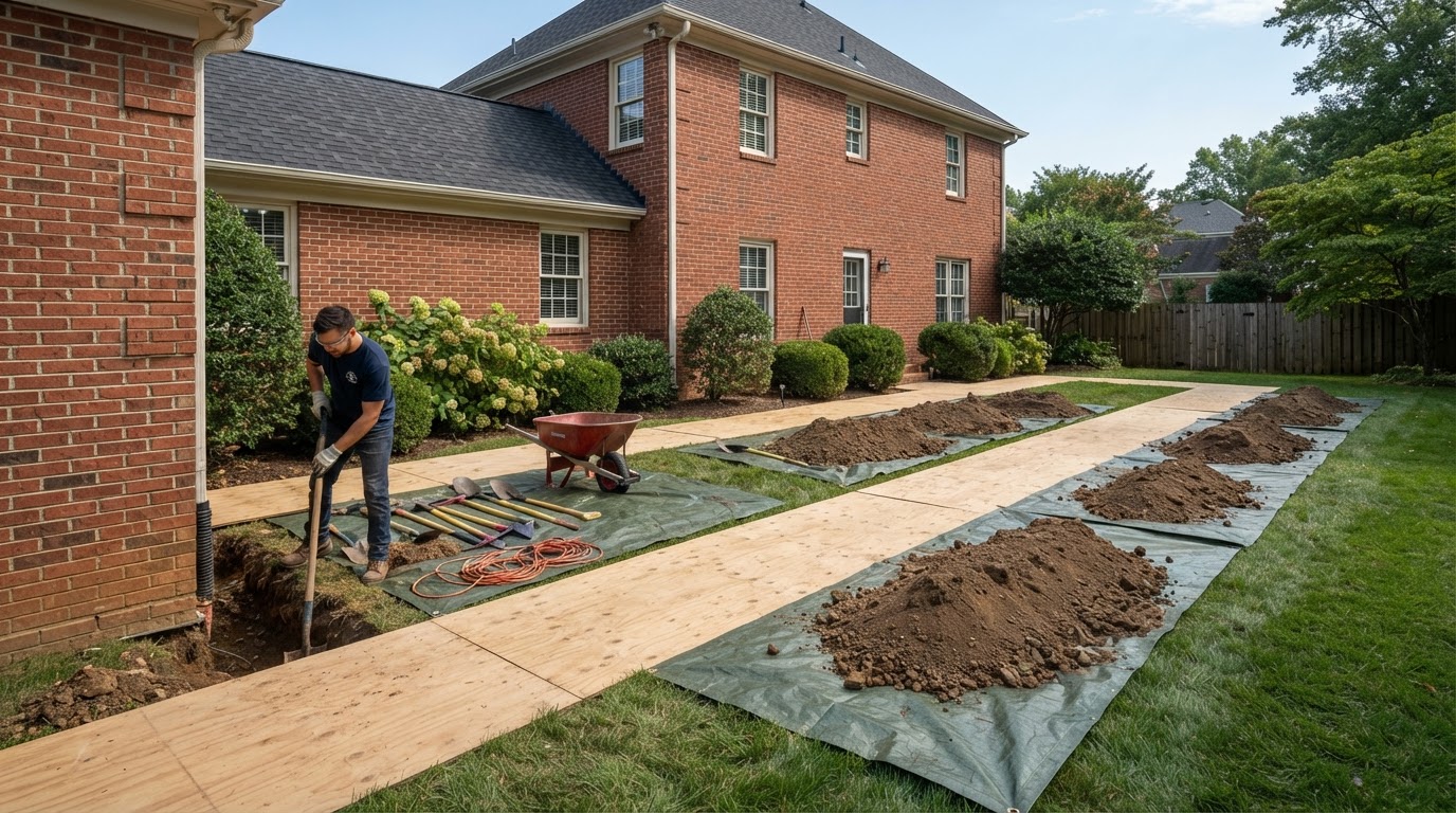 Dirt spoils neatly contained on heavy-duty tarps along plywood walkways in the yard of a two-story brick home