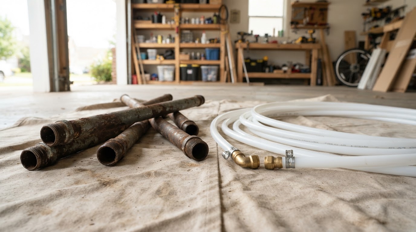 Old corroded galvanized pipe sections lying next to new clean PEX pipe on a drop cloth in a bright garage