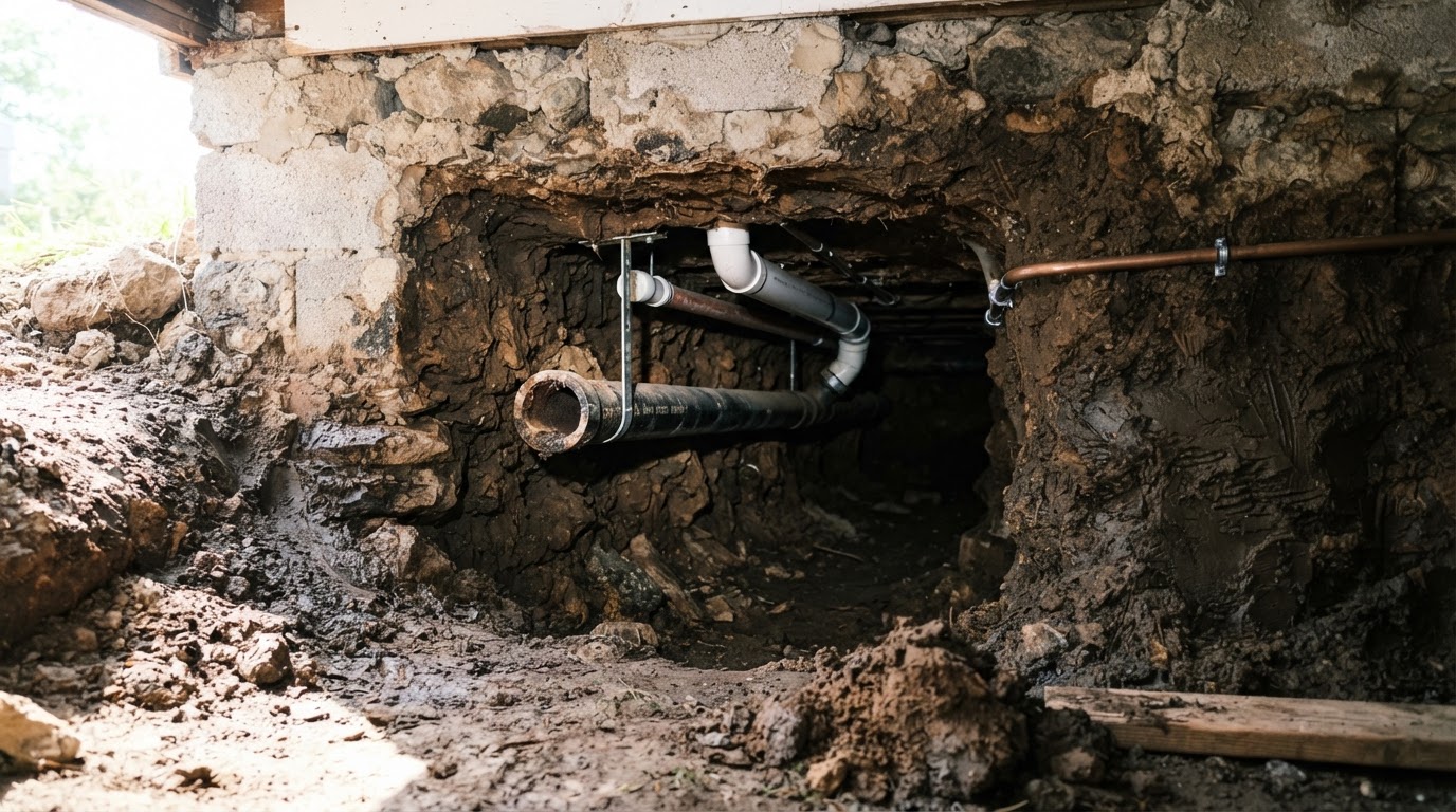 A cross-section view of a hand-dug tunnel beneath a home with a tunnel opening exposing plumbing pipes in bright daylight