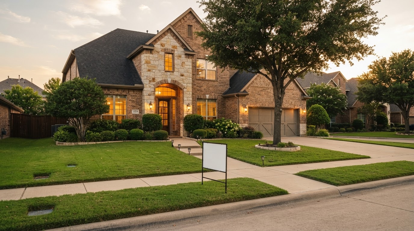 A large two-story brick-and-stone North Texas home at golden hour with a blank for-sale sign