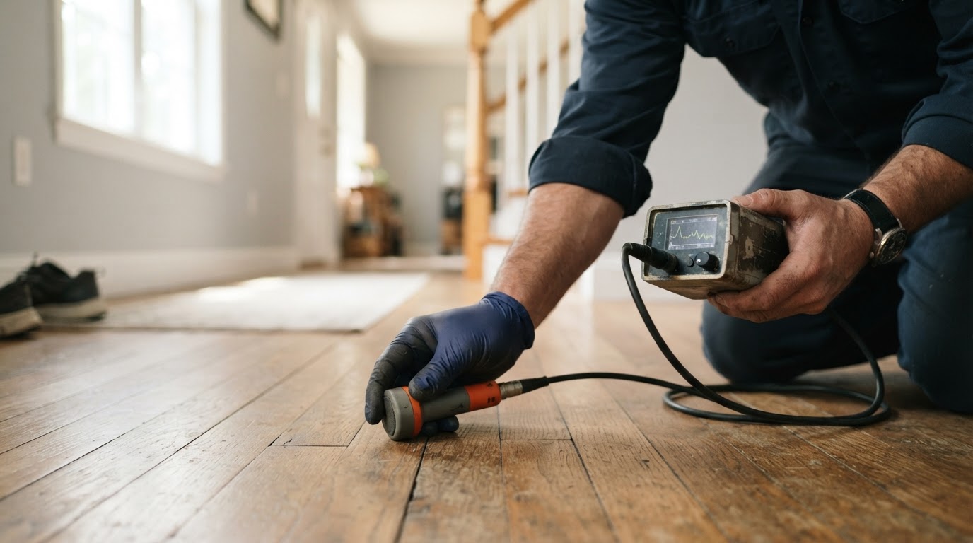 A plumber's hands holding a leak-detection device near a residential floor