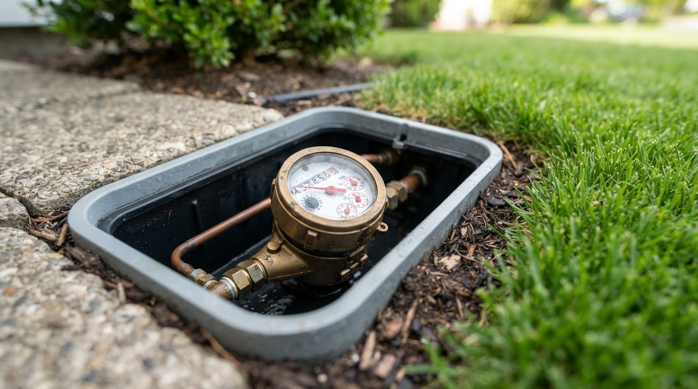 A close-up of a residential water meter dial inside a clean meter box beside a manicured lawn