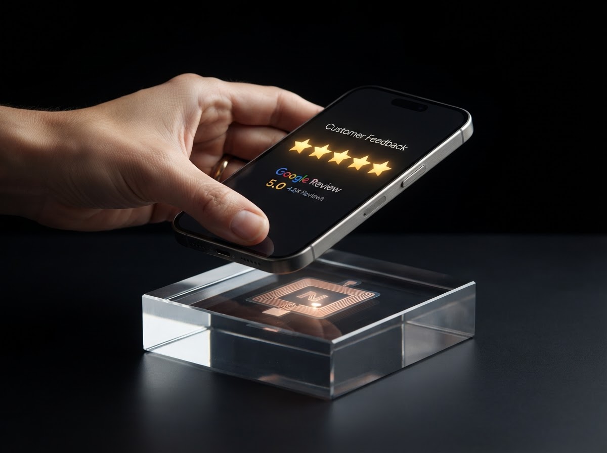 Mano acercando un celular al bloque de reseñas NFC de acrílico macizo; la pantalla ya muestra cinco estrellas doradas