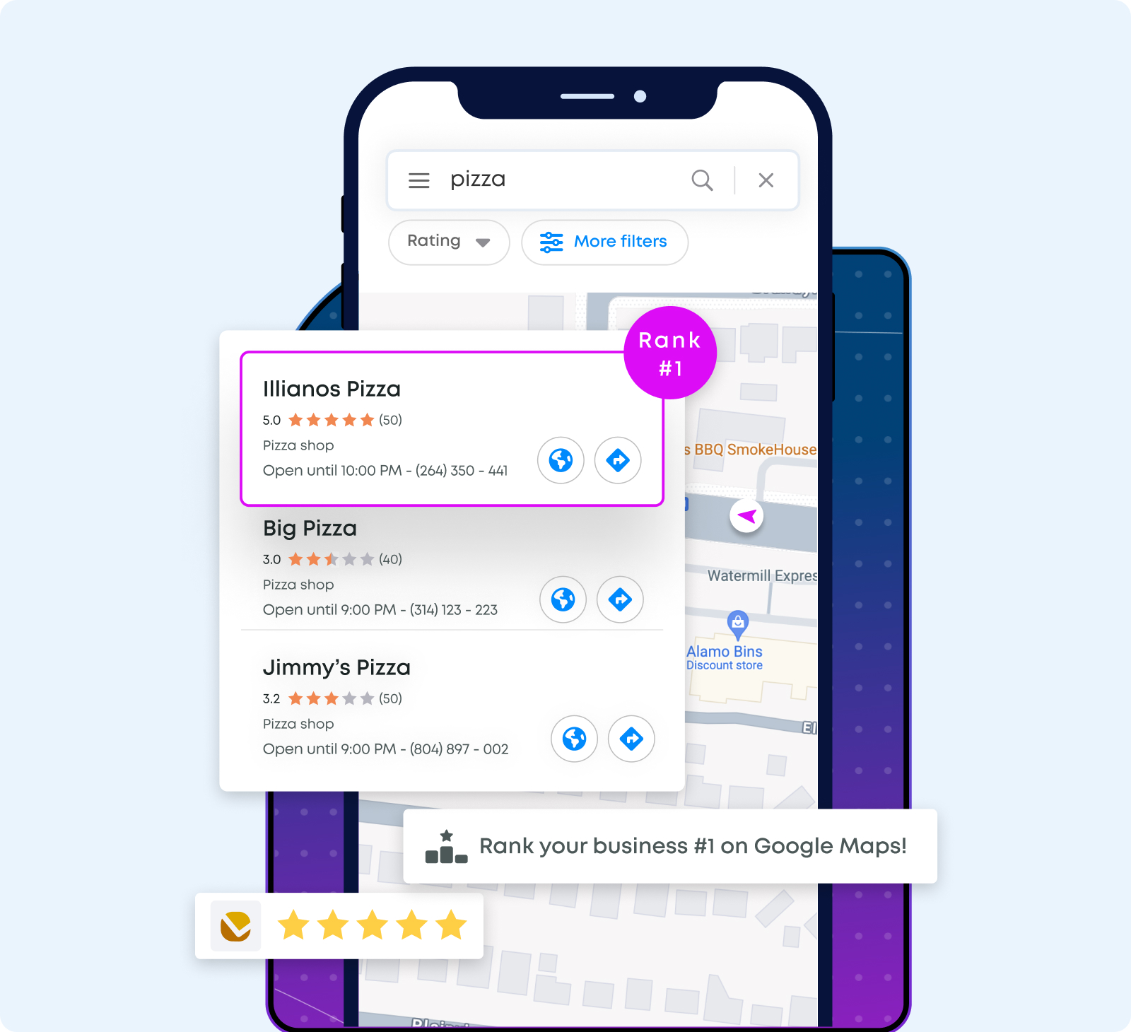 Teléfono mostrando un negocio en el Top 5 de Google Maps con Prime