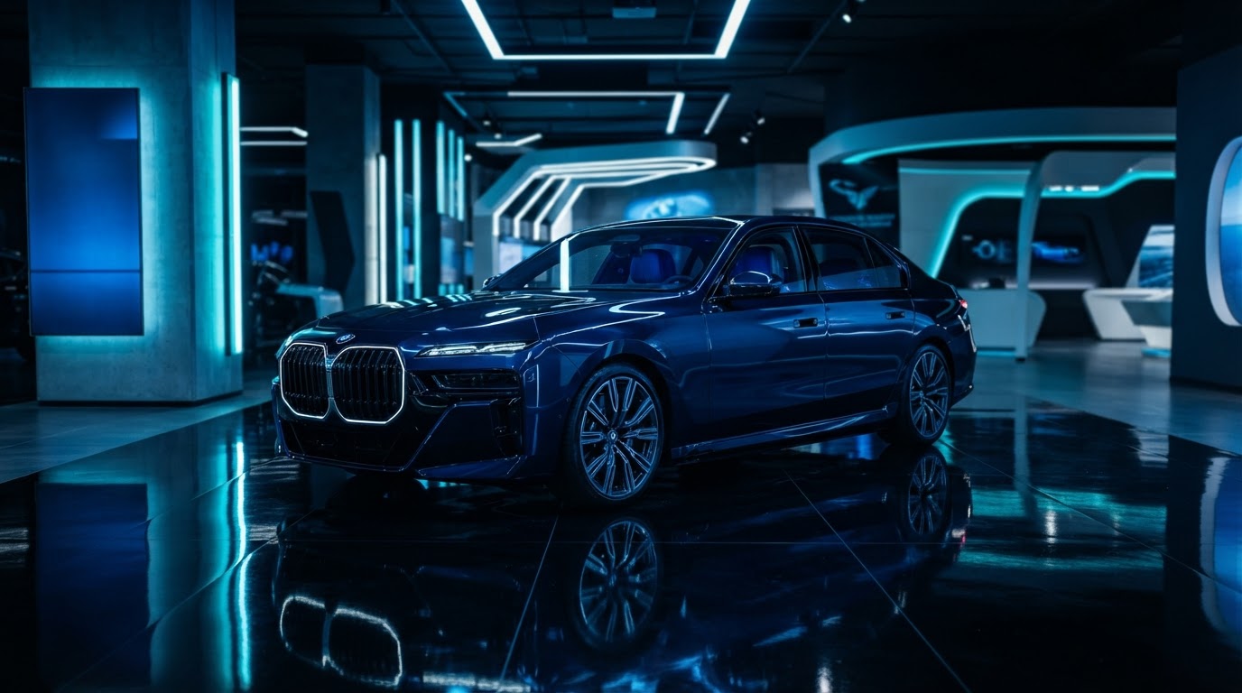 A modern car in a showroom with blue lighting