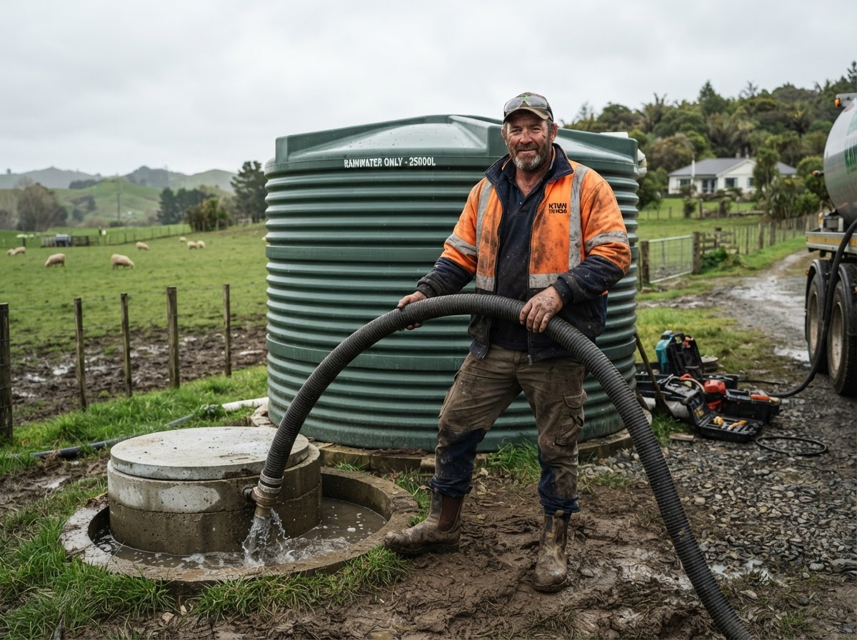 Local Australian tank cleaning technician beside a septic and water tank
