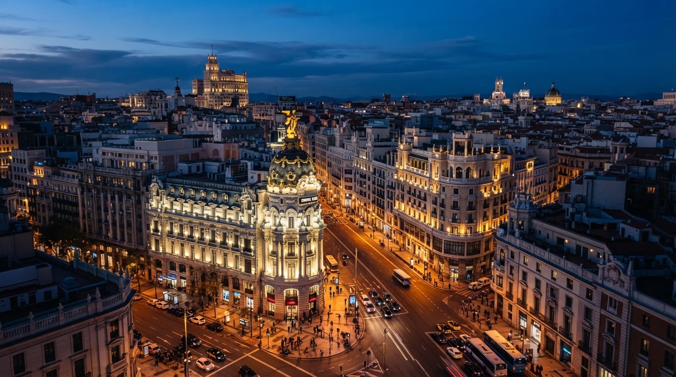 Madrid, Gran Vía y arquitectura clásica al atardecer