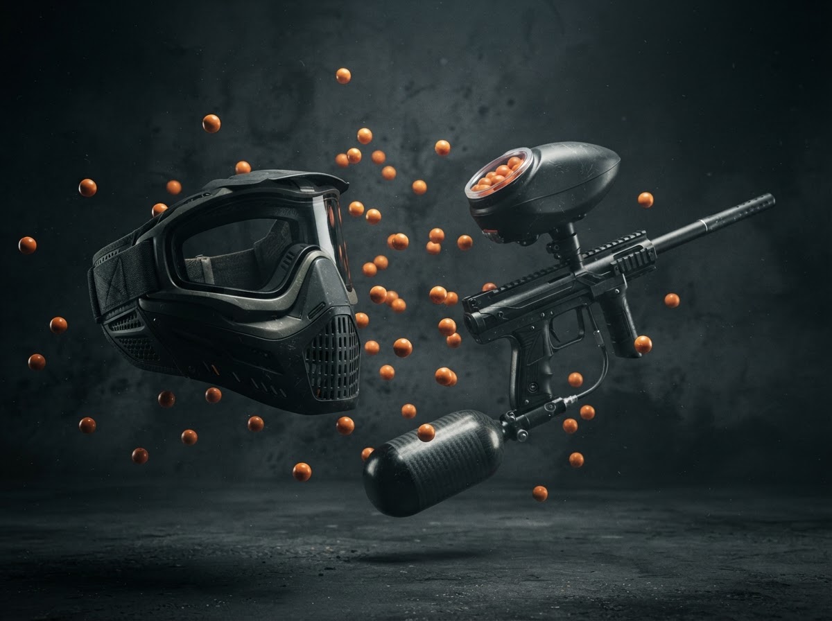 Equipamiento de paintball: máscara, marcadora y bolas de pintura