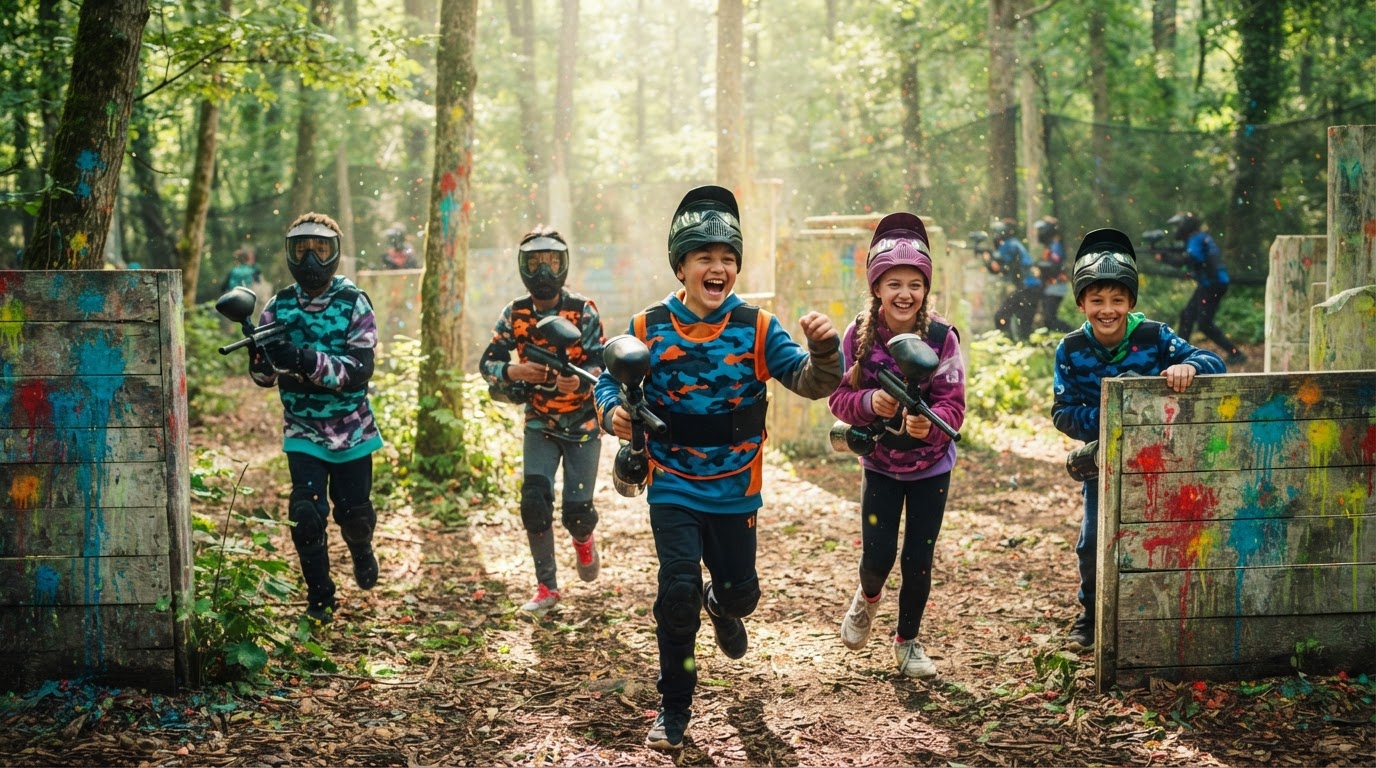Niños y adolescentes celebrando un cumpleaños de paintball