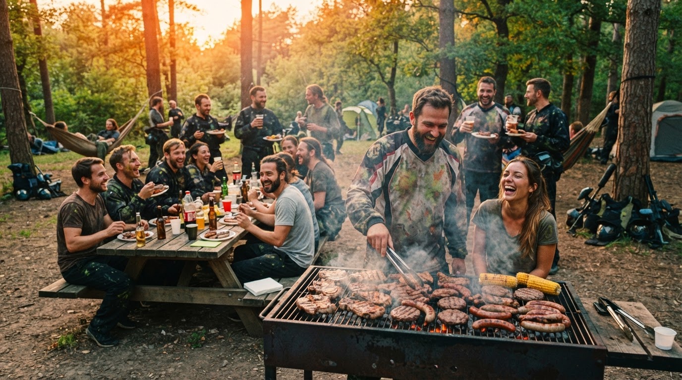 Barbacoa y celebración después de la partida de paintball