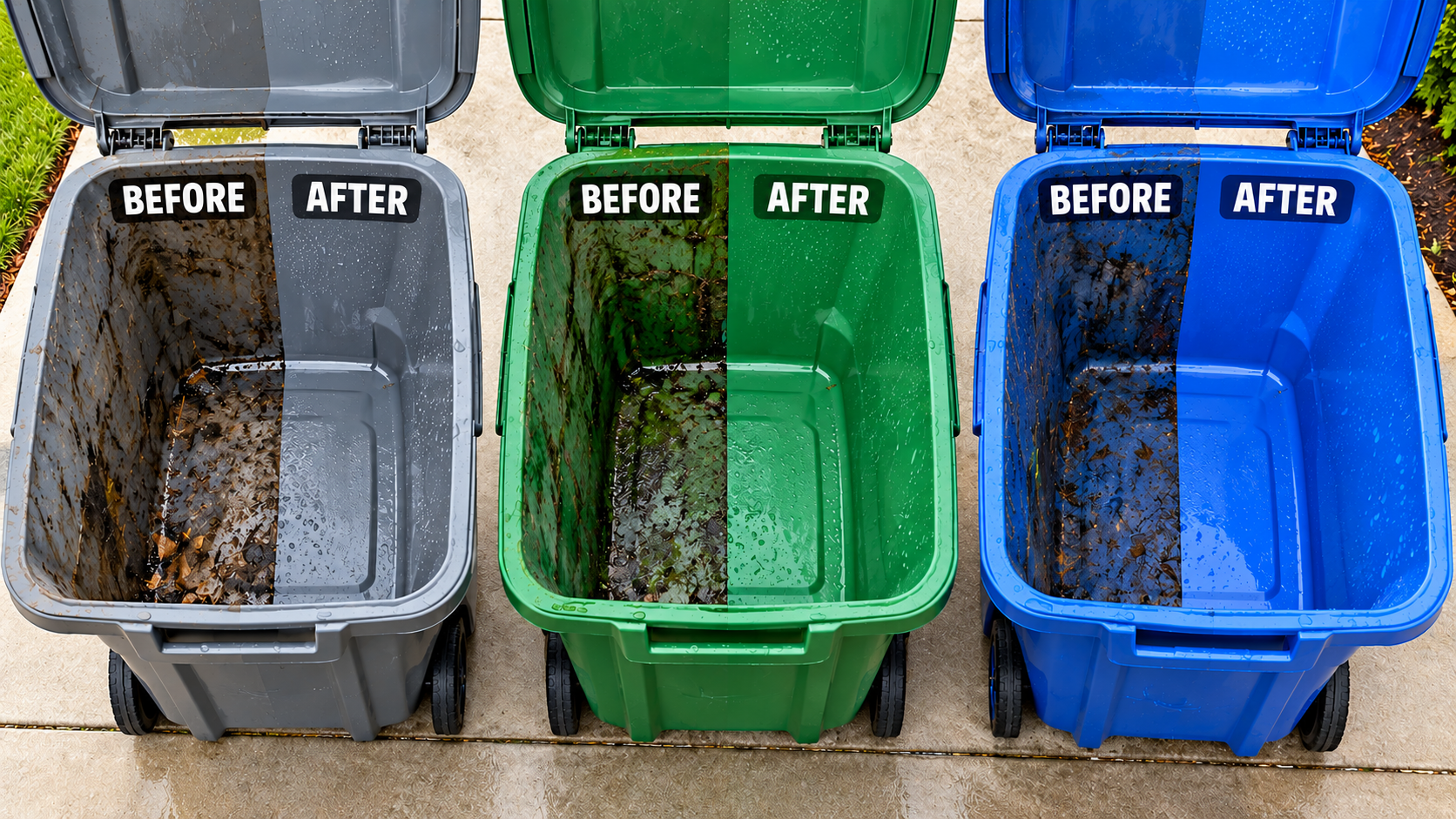 Inside view of three trash and recycling bins showing dramatic before and after cleaning results