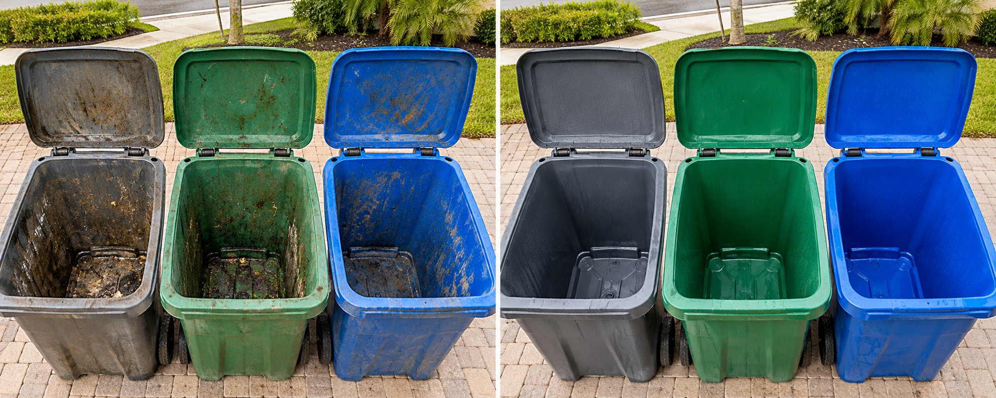 Lids open view of gray, green, and blue residential bins comparing before grime to after spotless clean