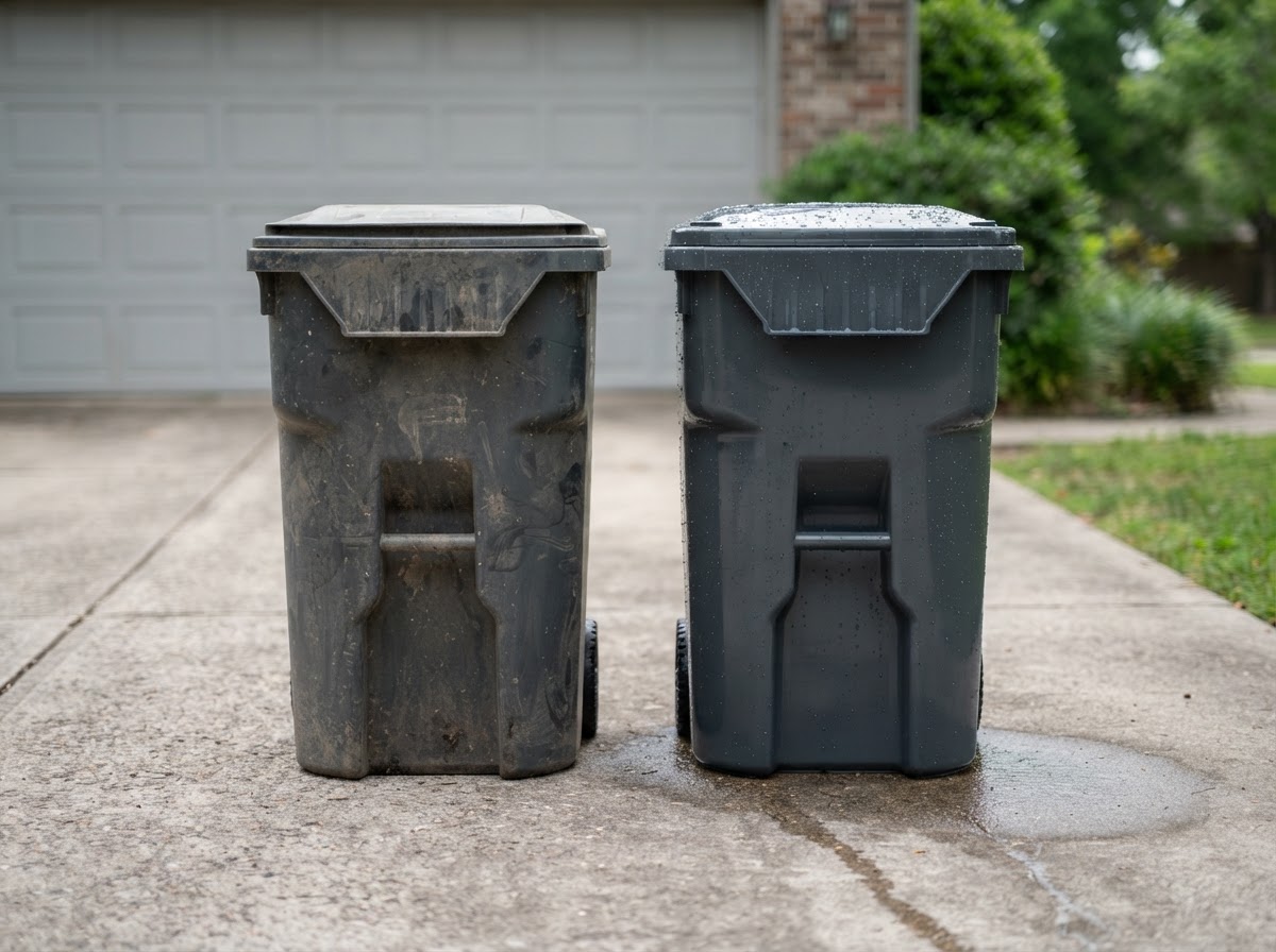 Illustrative concept of a freshly cleaned bin next to a dusty one